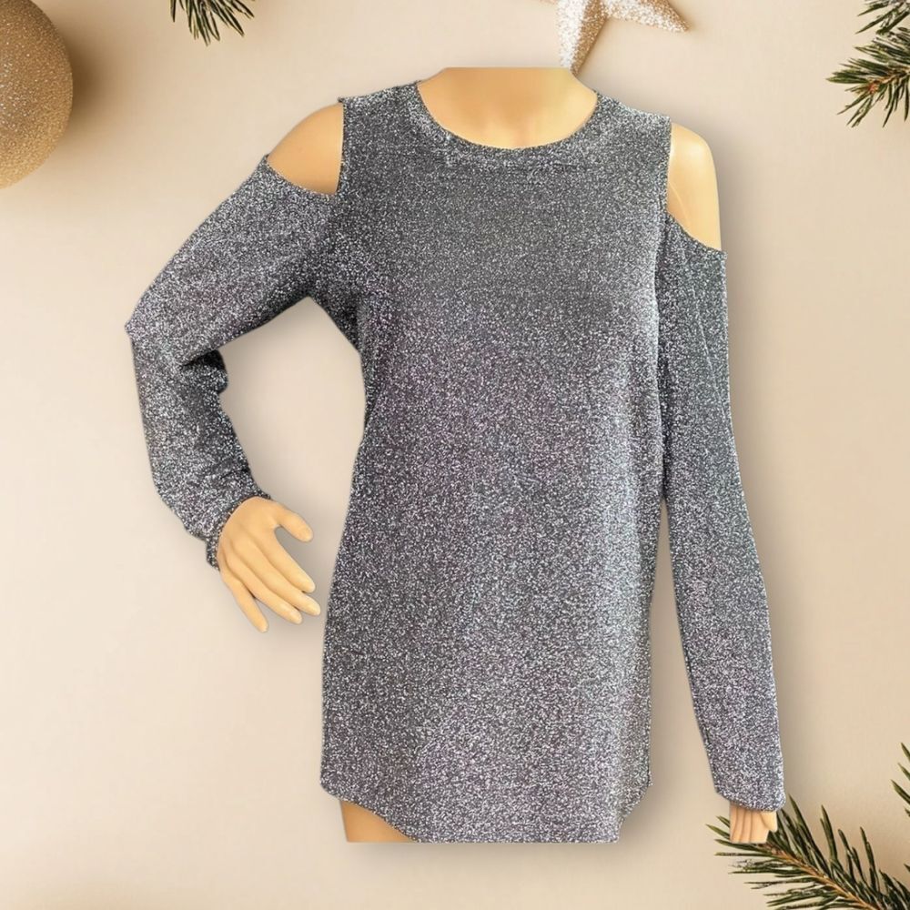 Michael Kors Shimmery Silver Cold Shoulder Sweater Sz M